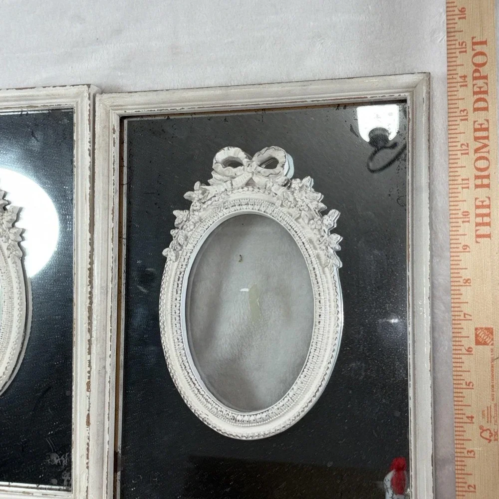 Vintage 70 Shabby Chic Mirror Frame Pair French Country Oval Ribbon Aged Patina